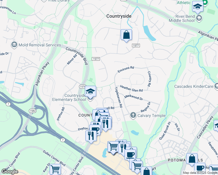map of restaurants, bars, coffee shops, grocery stores, and more near 29 Berkeley Court in Sterling