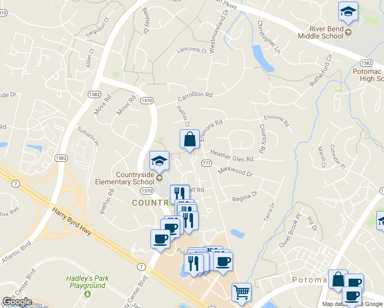 map of restaurants, bars, coffee shops, grocery stores, and more near 29 Berkeley Court in Sterling