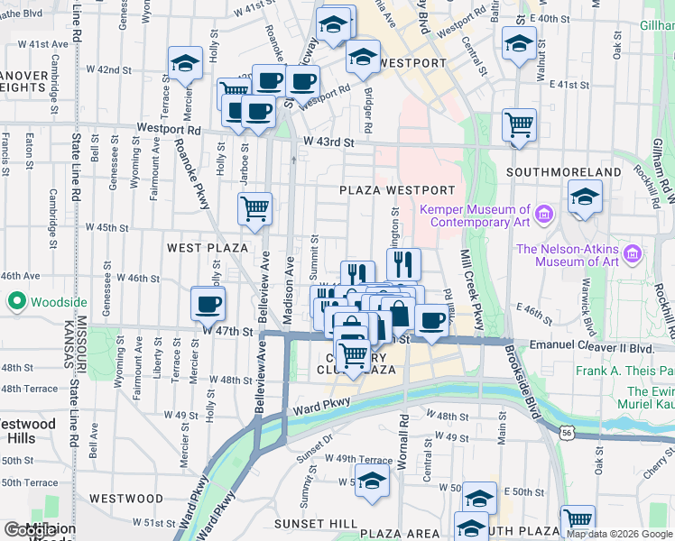 map of restaurants, bars, coffee shops, grocery stores, and more near 4527 Jefferson Street in Kansas City