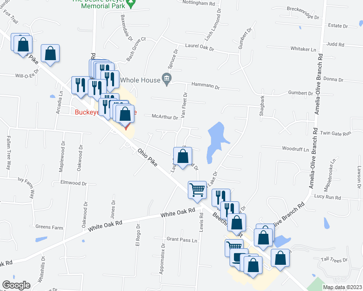 map of restaurants, bars, coffee shops, grocery stores, and more near 3671 Shorewood Drive in Amelia