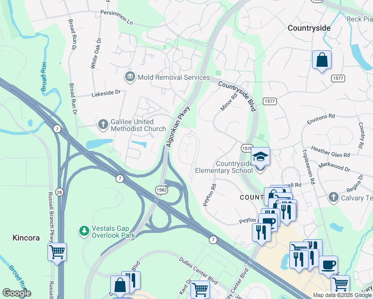 map of restaurants, bars, coffee shops, grocery stores, and more near 20723 Reserve Falls Terrace in Sterling
