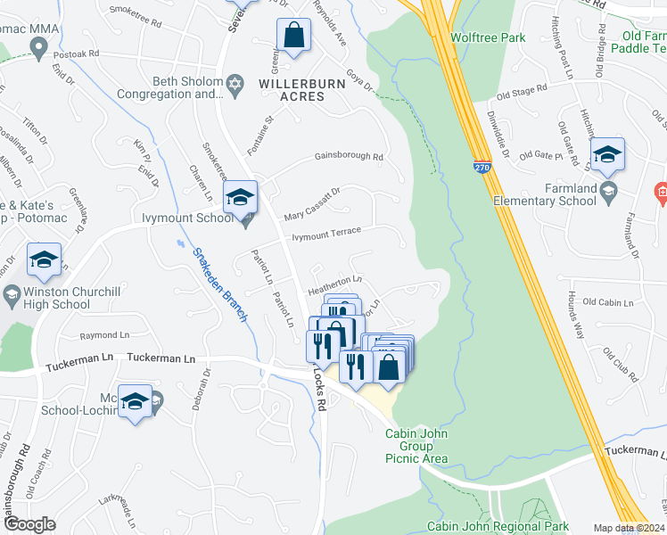 map of restaurants, bars, coffee shops, grocery stores, and more near 7803 Heatherton Lane in Rockville