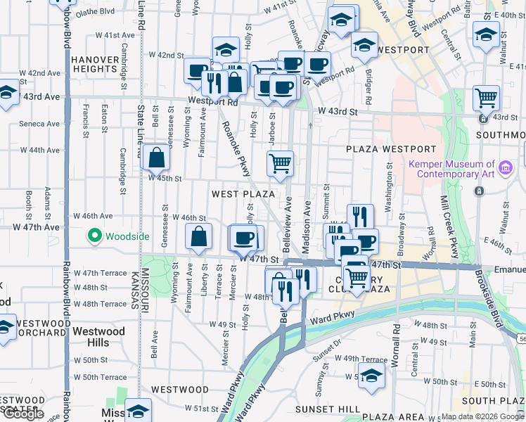 map of restaurants, bars, coffee shops, grocery stores, and more near 4536 Jarboe Street in Kansas City