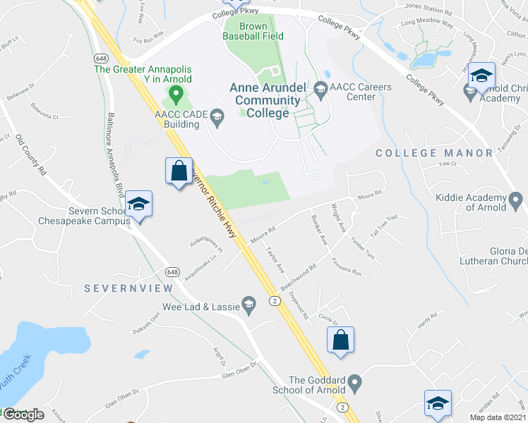 map of restaurants, bars, coffee shops, grocery stores, and more near 1273 Ritchie Hwy in Arnold