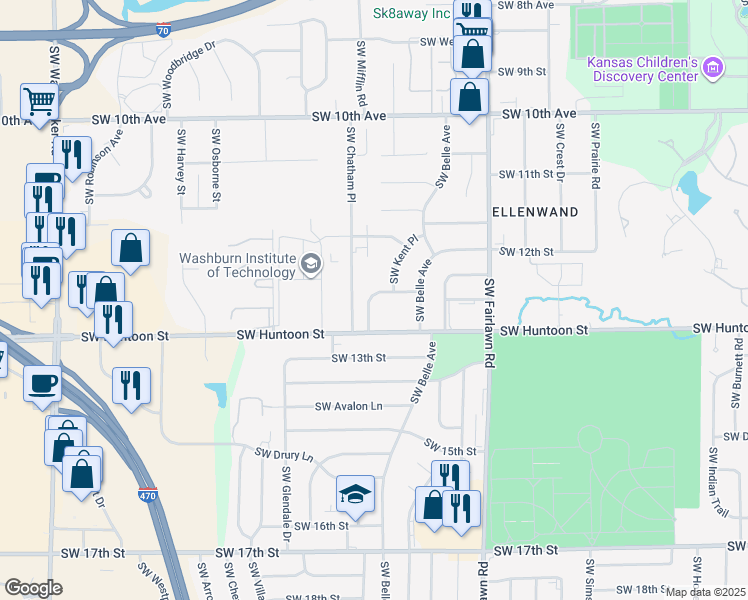 map of restaurants, bars, coffee shops, grocery stores, and more near 5435 Southwest 12th Terrace in Topeka