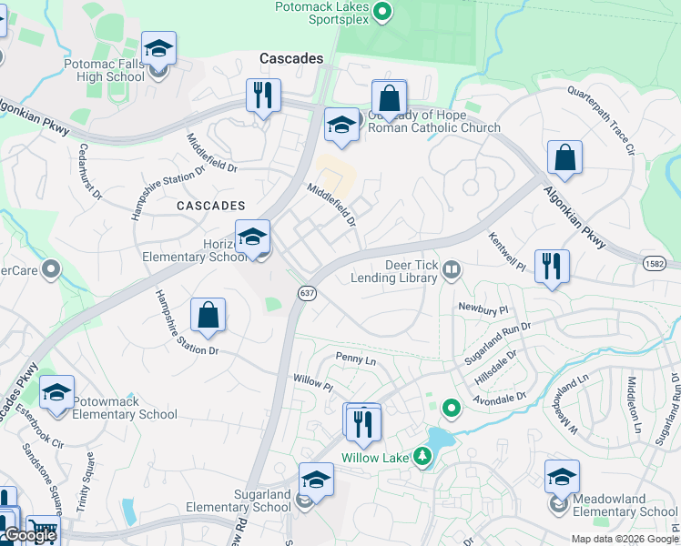 map of restaurants, bars, coffee shops, grocery stores, and more near 46774 Willowood Place in Sterling