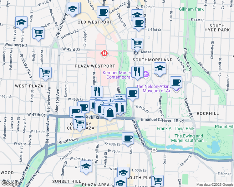 map of restaurants, bars, coffee shops, grocery stores, and more near 4536 Mill Creek Parkway in Kansas City
