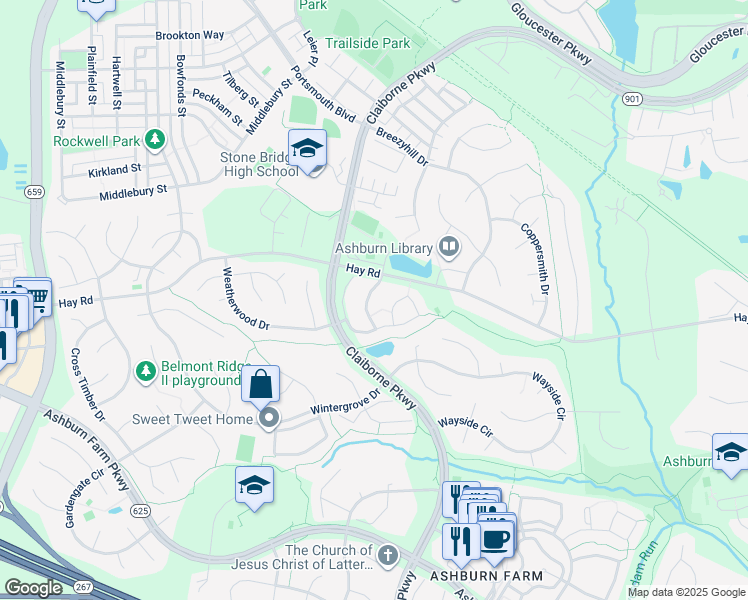 map of restaurants, bars, coffee shops, grocery stores, and more near 20668 Southwind Terrace in Ashburn