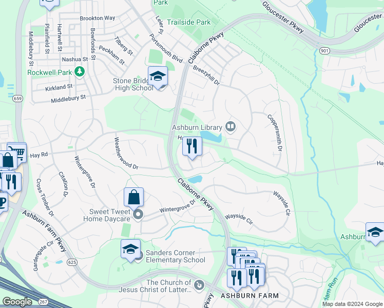 map of restaurants, bars, coffee shops, grocery stores, and more near 20668 Southwind Terrace in Ashburn