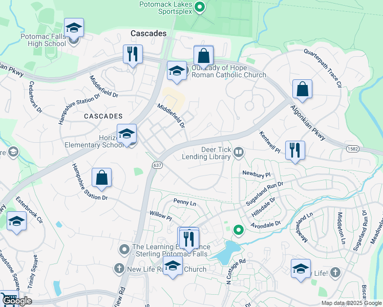 map of restaurants, bars, coffee shops, grocery stores, and more near 46810 Willowood Place in Sterling