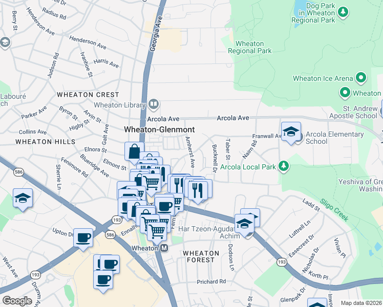 map of restaurants, bars, coffee shops, grocery stores, and more near 11599 Amherst Ave in Silver Spring
