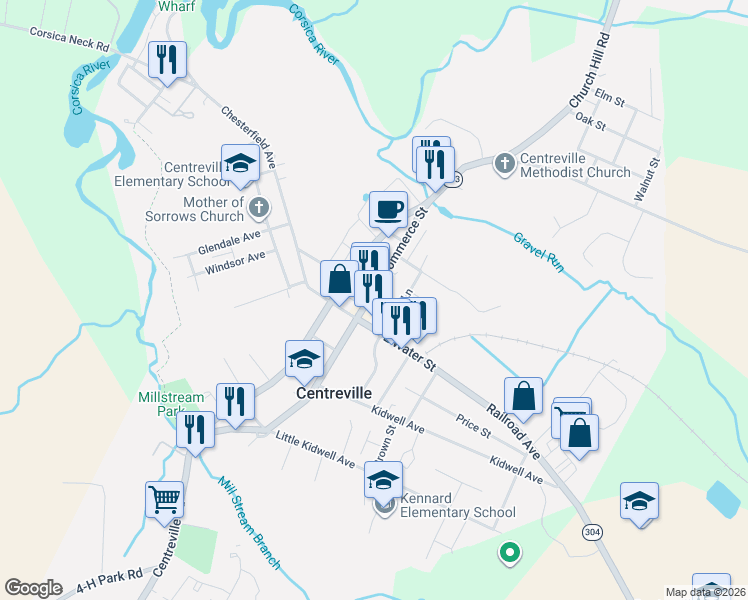 map of restaurants, bars, coffee shops, grocery stores, and more near 122 N Commerce St in Centreville