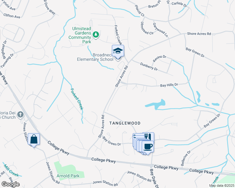 map of restaurants, bars, coffee shops, grocery stores, and more near 453 Shore Acres Road in Arnold