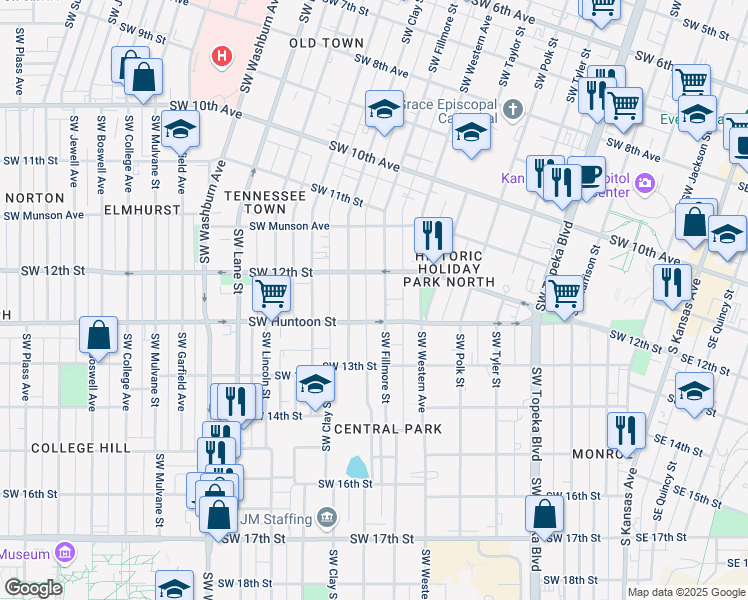 map of restaurants, bars, coffee shops, grocery stores, and more near 1221 SW Fillmore St in Topeka