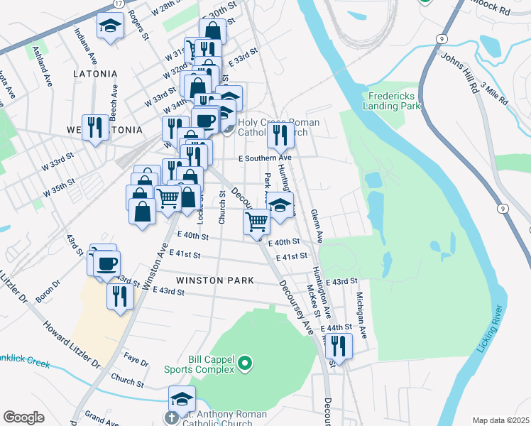 map of restaurants, bars, coffee shops, grocery stores, and more near 215 East 39th Street in Covington