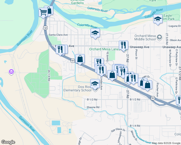 map of restaurants, bars, coffee shops, grocery stores, and more near 2652 Palmer Street in Grand Junction