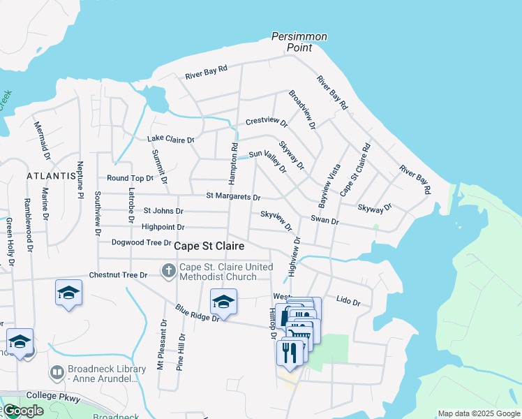 map of restaurants, bars, coffee shops, grocery stores, and more near 1181 Saint George Drive in Annapolis