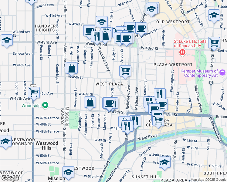 map of restaurants, bars, coffee shops, grocery stores, and more near 4533 Holly Street in Kansas City