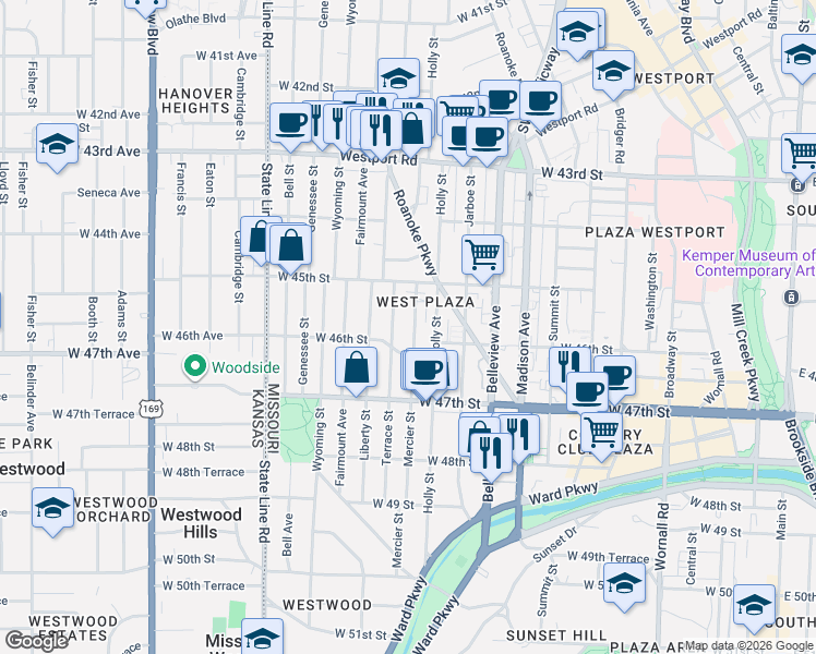 map of restaurants, bars, coffee shops, grocery stores, and more near 4535 Terrace Street in Kansas City