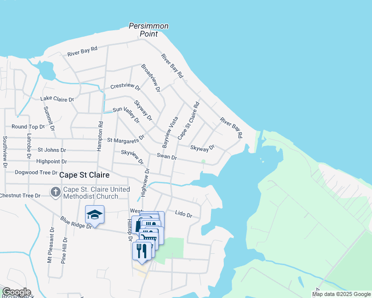 map of restaurants, bars, coffee shops, grocery stores, and more near 1141 Skyway Drive in Annapolis