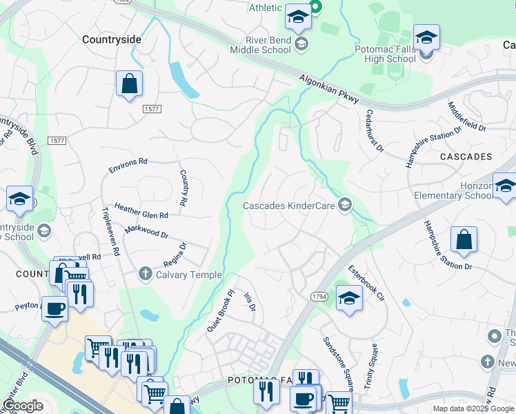 map of restaurants, bars, coffee shops, grocery stores, and more near 20617 Marsh Court in Sterling