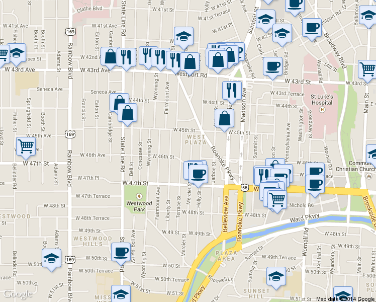 map of restaurants, bars, coffee shops, grocery stores, and more near 4535 Terrace Street in Kansas City