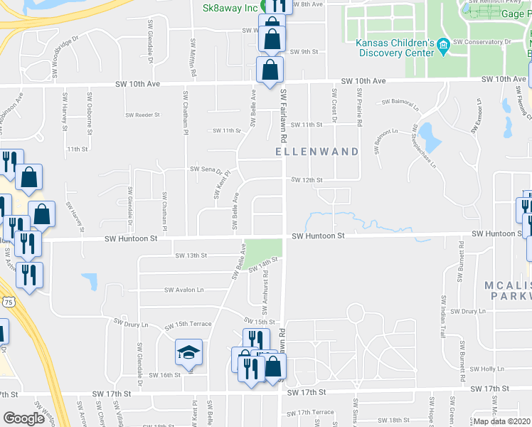 map of restaurants, bars, coffee shops, grocery stores, and more near 5202 Southwest 12th Terrace in Topeka
