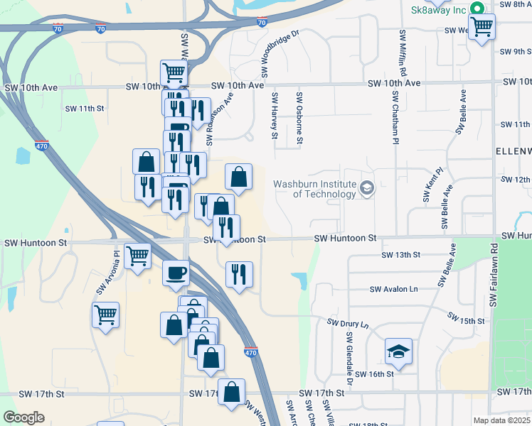 map of restaurants, bars, coffee shops, grocery stores, and more near 1213 Southwest Harvey Street in Topeka