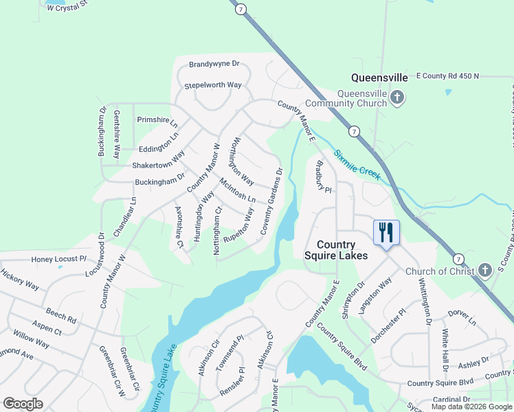 map of restaurants, bars, coffee shops, grocery stores, and more near 2810 Coventry Gardens Drive in North Vernon