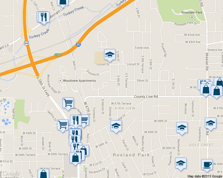 map of restaurants, bars, coffee shops, grocery stores, and more near 970 Sutton Court in Kansas City