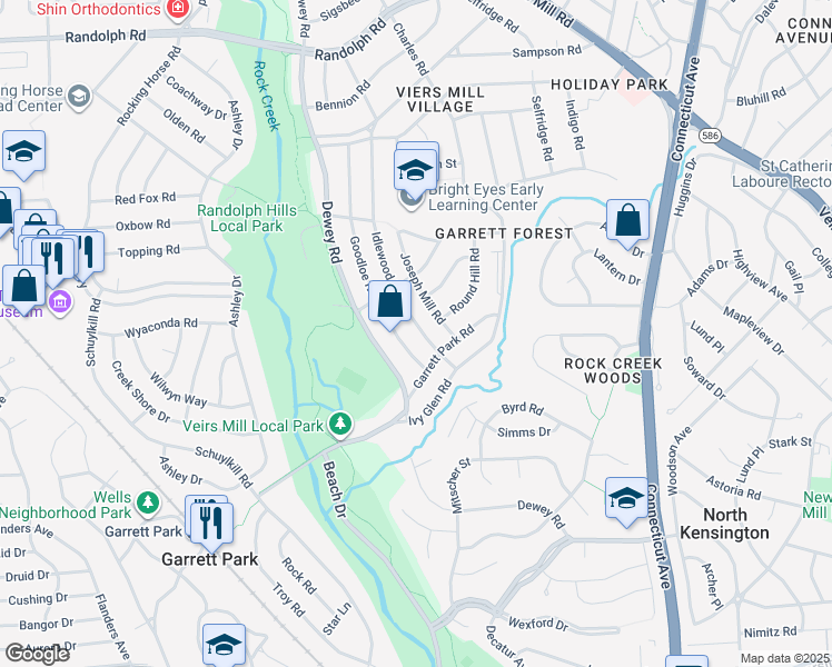 map of restaurants, bars, coffee shops, grocery stores, and more near 11508 Idlewood Road in Silver Spring