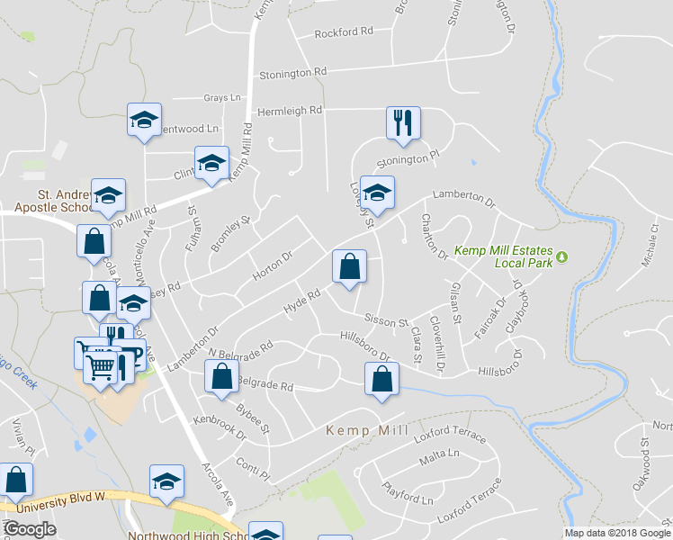 map of restaurants, bars, coffee shops, grocery stores, and more near 615 Hyde Road in Silver Spring