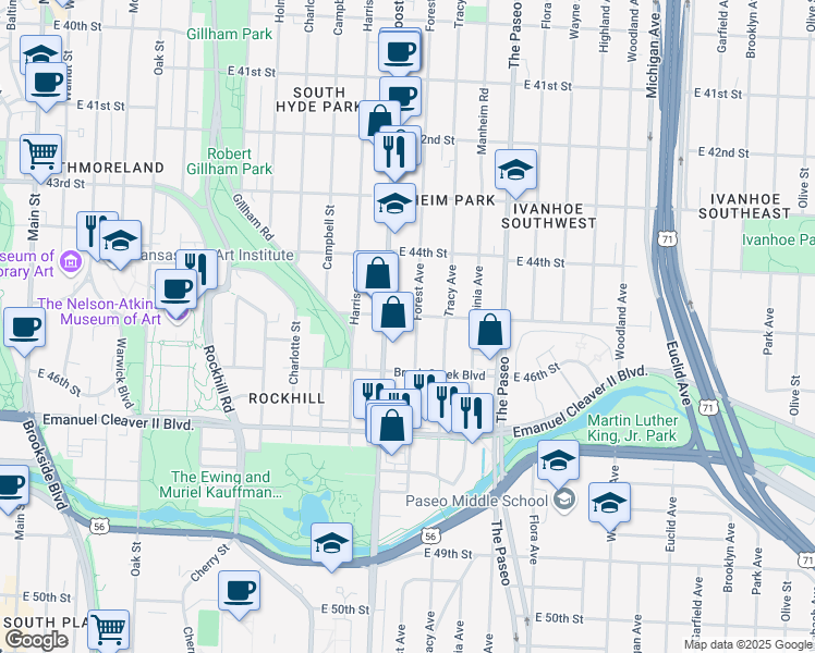map of restaurants, bars, coffee shops, grocery stores, and more near 4508 Forest Avenue in Kansas City