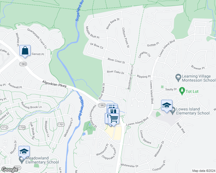 map of restaurants, bars, coffee shops, grocery stores, and more near 47395 Halcyon Place in Sterling