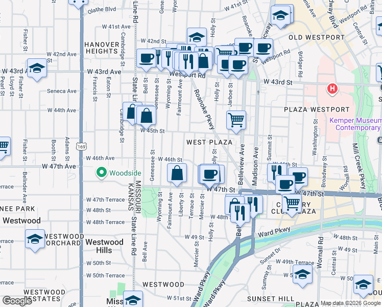 map of restaurants, bars, coffee shops, grocery stores, and more near 4535 Terrace Street in Kansas City