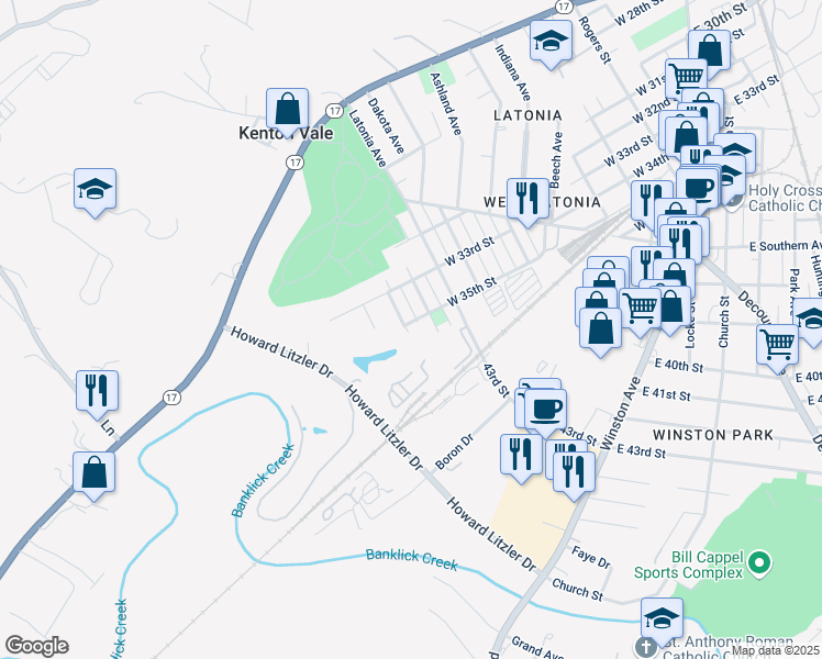 map of restaurants, bars, coffee shops, grocery stores, and more near 915 West 35th Street in Covington