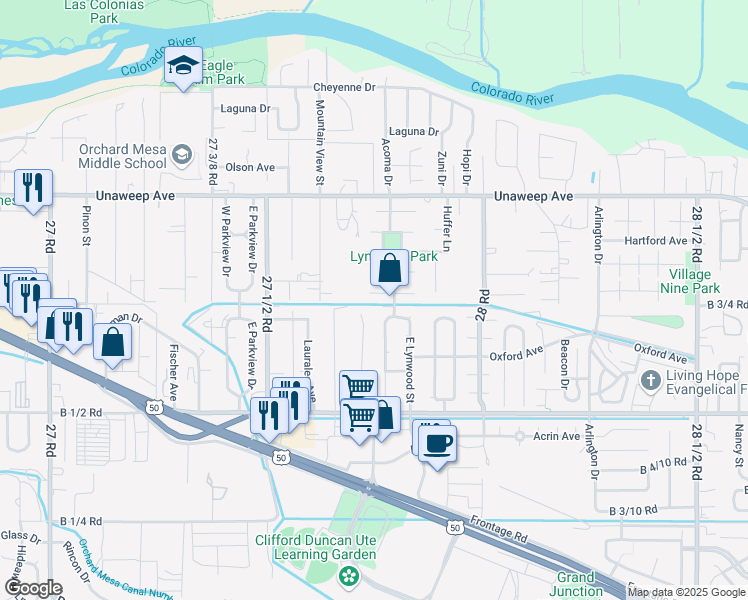 map of restaurants, bars, coffee shops, grocery stores, and more near 2775 Monroe Court in Grand Junction