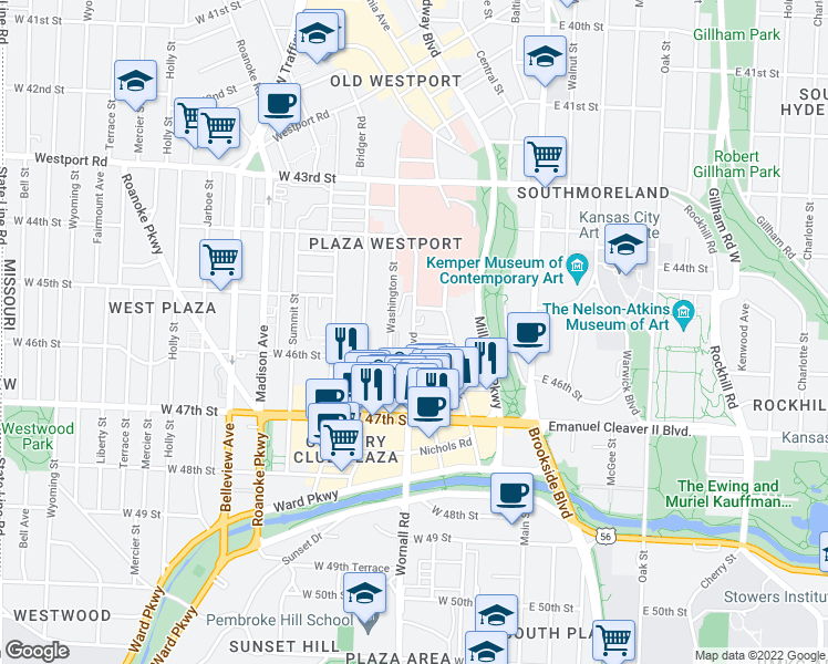 map of restaurants, bars, coffee shops, grocery stores, and more near 4539 Broadway St in Kansas City