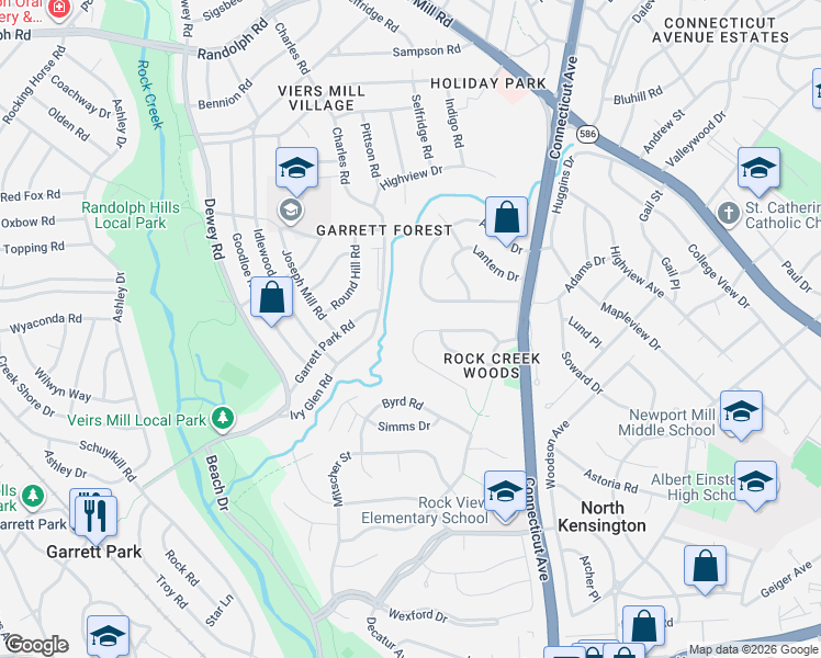 map of restaurants, bars, coffee shops, grocery stores, and more near 3938 Rickover Road in Silver Spring