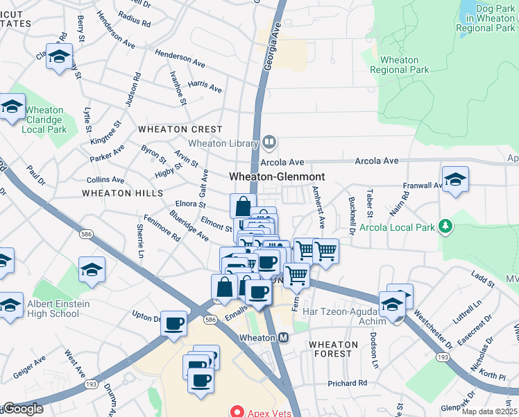 map of restaurants, bars, coffee shops, grocery stores, and more near 11523 Georgia Avenue in Silver Spring