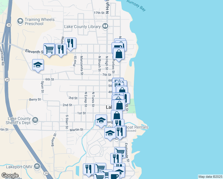 map of restaurants, bars, coffee shops, grocery stores, and more near 455 North Forbes Street in Lakeport