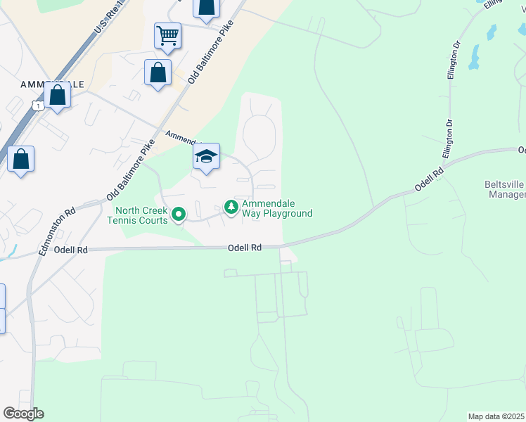 map of restaurants, bars, coffee shops, grocery stores, and more near 11311 Broken Bow Court in Beltsville
