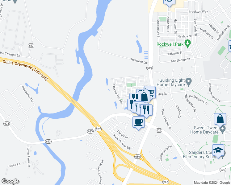 map of restaurants, bars, coffee shops, grocery stores, and more near Erskine Terrace in Ashburn