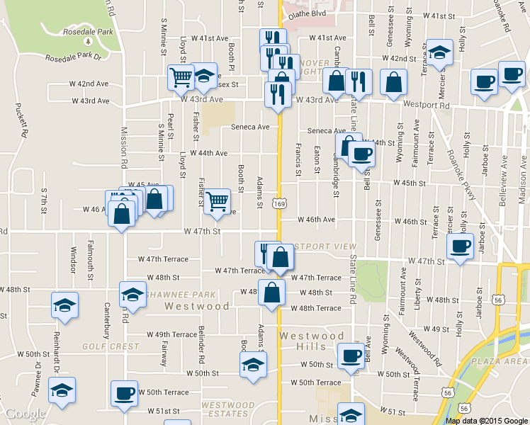 map of restaurants, bars, coffee shops, grocery stores, and more near 4527 Adams Street in Kansas City