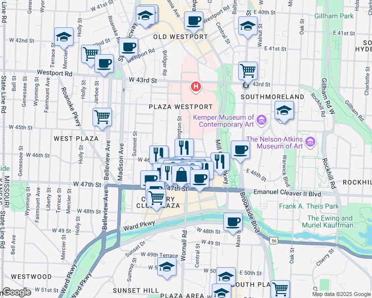 map of restaurants, bars, coffee shops, grocery stores, and more near 4516 Broadway Boulevard in Kansas City