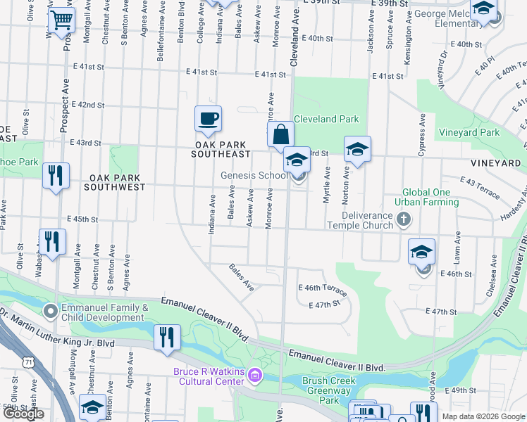 map of restaurants, bars, coffee shops, grocery stores, and more near 4426 Monroe Avenue in Kansas City