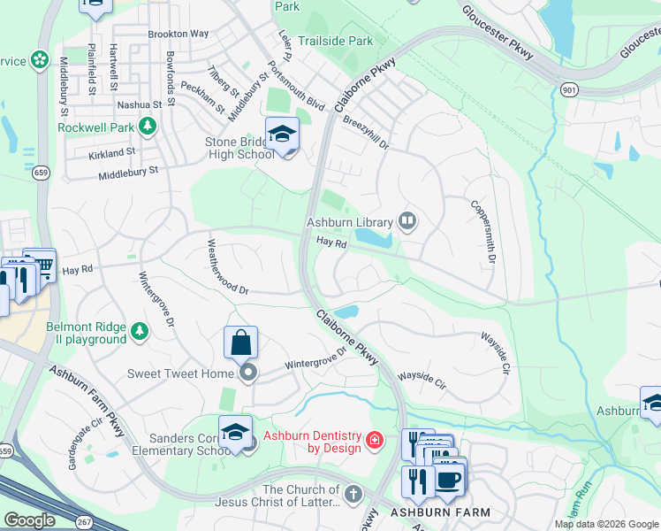 map of restaurants, bars, coffee shops, grocery stores, and more near 20667 Southwind Terrace in Ashburn