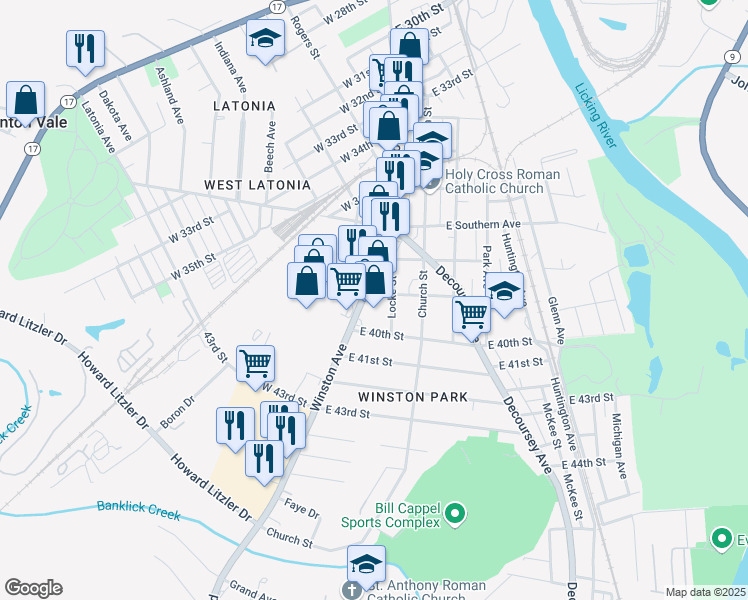map of restaurants, bars, coffee shops, grocery stores, and more near 5 East 39th Street in Covington