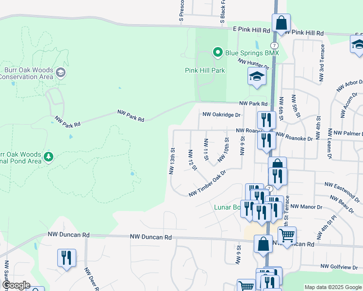 map of restaurants, bars, coffee shops, grocery stores, and more near 2306 Northwest 13th Street in Blue Springs