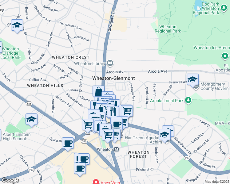 map of restaurants, bars, coffee shops, grocery stores, and more near 11702 Leesborough Cir in Silver Spring